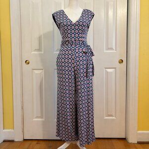 Boden Corrine Geometric Print Jersey Jumpsuit Wide Legs Cap Sleeves Tie Belt 6P